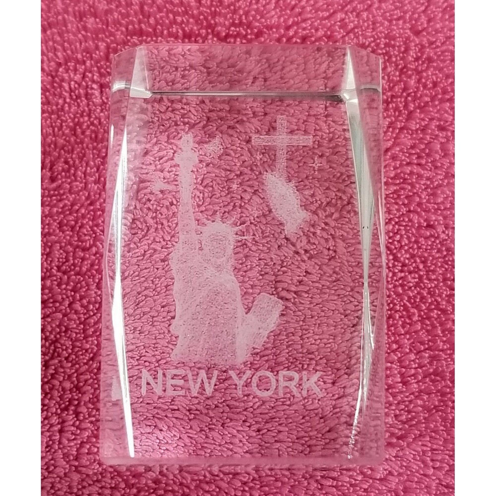 New York laser etched crystal paperweight praying hands cross & statue of libert